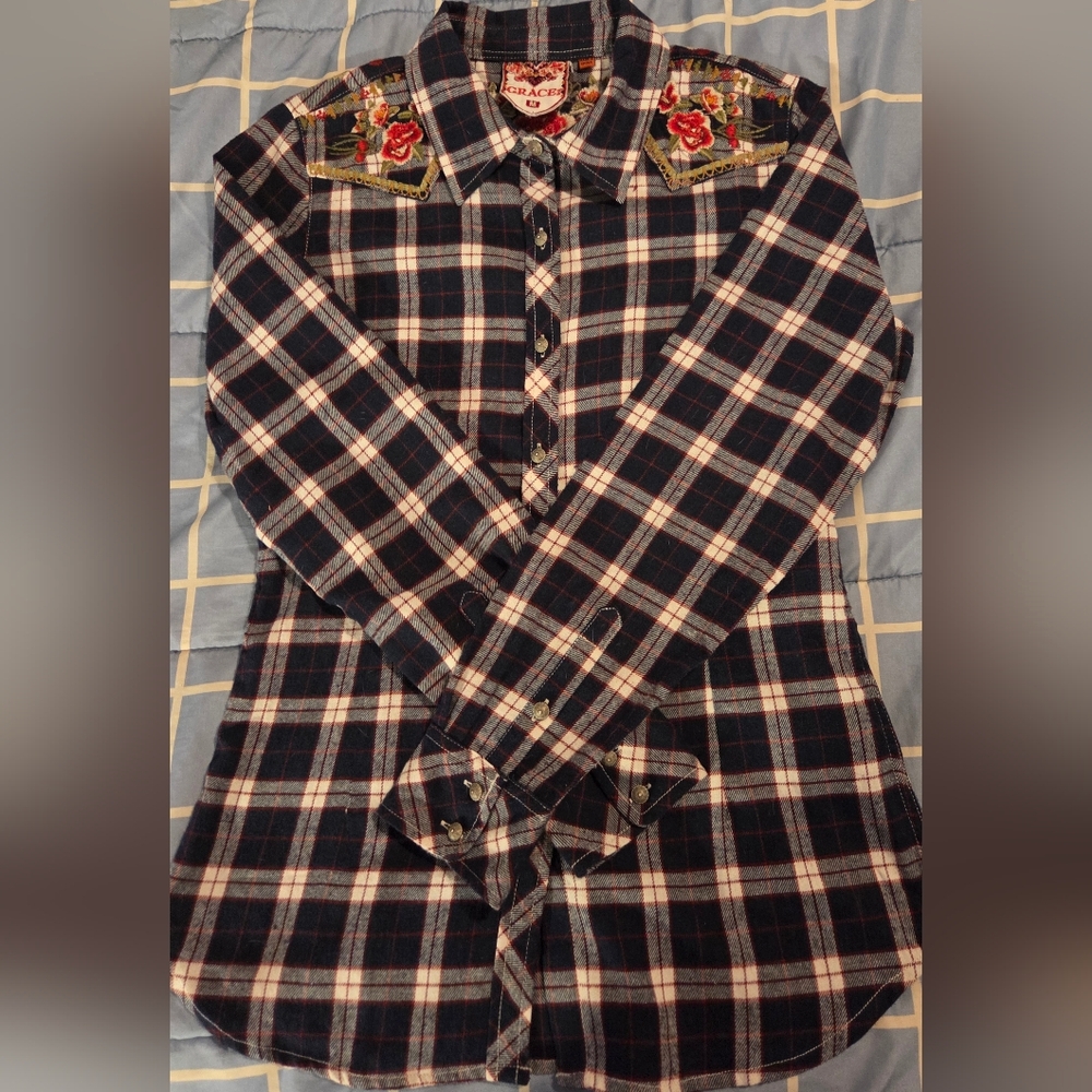 Grace In LA: Navy and Red Plaid Shirt with Floral Embroidery